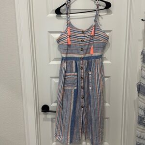 Sun dress. Adjustable tie straps.  Blue. White.  Orange. With pockets. Size L